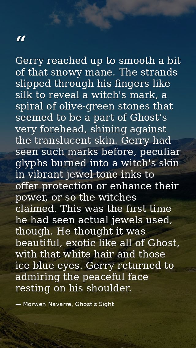 Gerry reached up to smooth a bit of that snowy mane. The strands slipped through his fingers like silk to reveal a witch — Morwen Navarre, Ghost's Sight