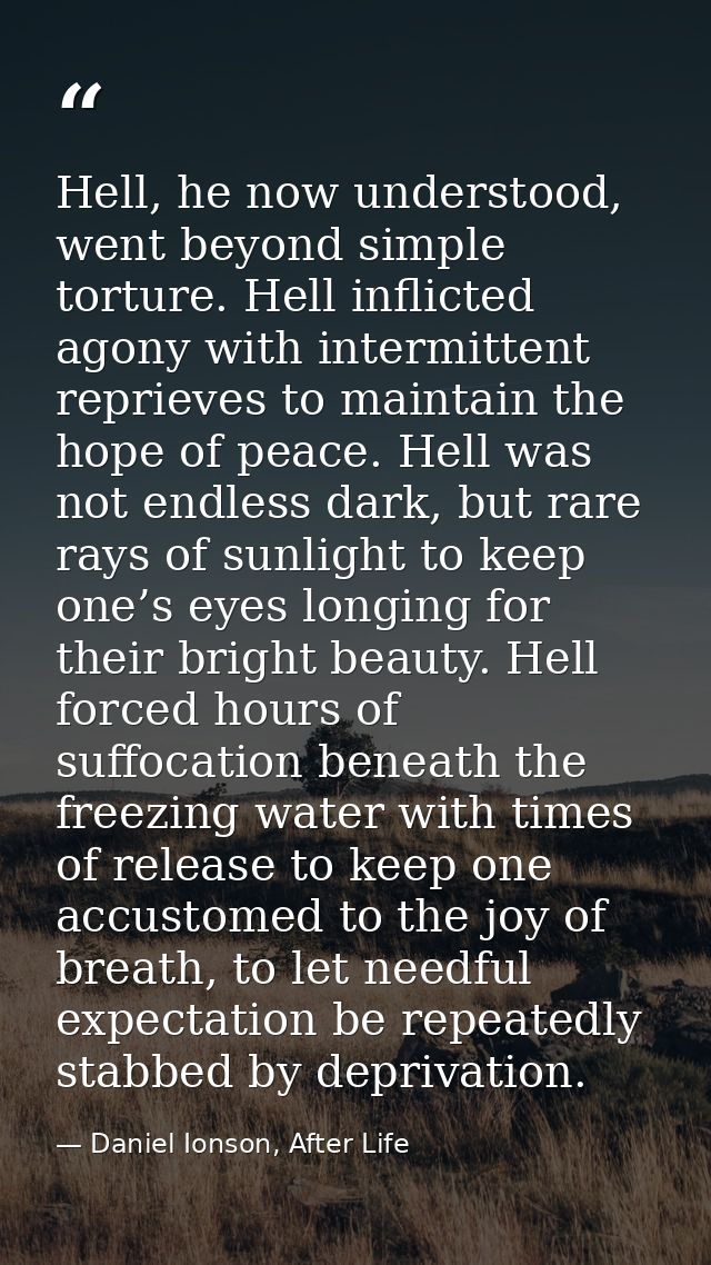 Hell, he now understood, went beyond simple torture. Hell inflicted agony with intermittent reprieves to maintain the ho — Daniel Ionson, After Life