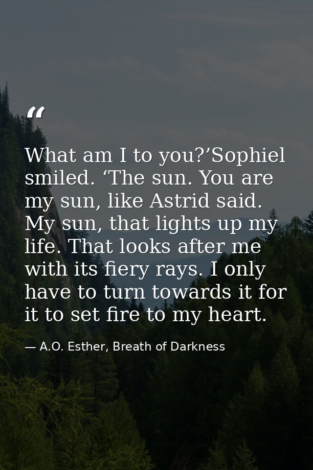 What am I to you?’Sophiel smiled. ‘The sun. You are my sun, like Astrid said. My sun, that lights up my life. That looks — A.O. Esther, Breath of Darkness
