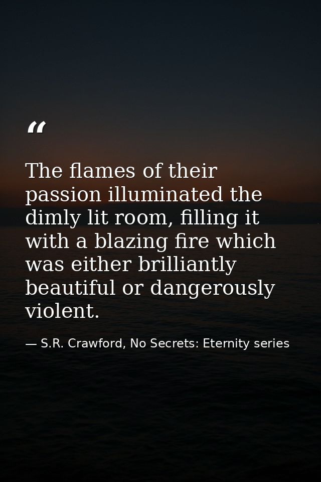 The flames of their passion illuminated the dimly lit room, filling it with a blazing fire which was either brilliantly  — S.R. Crawford, No Secrets: Eternity series