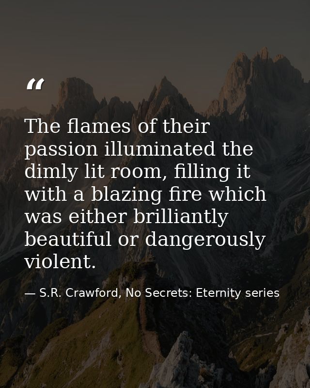 The flames of their passion illuminated the dimly lit room, filling it with a blazing fire which was either brilliantly  — S.R. Crawford, No Secrets: Eternity series