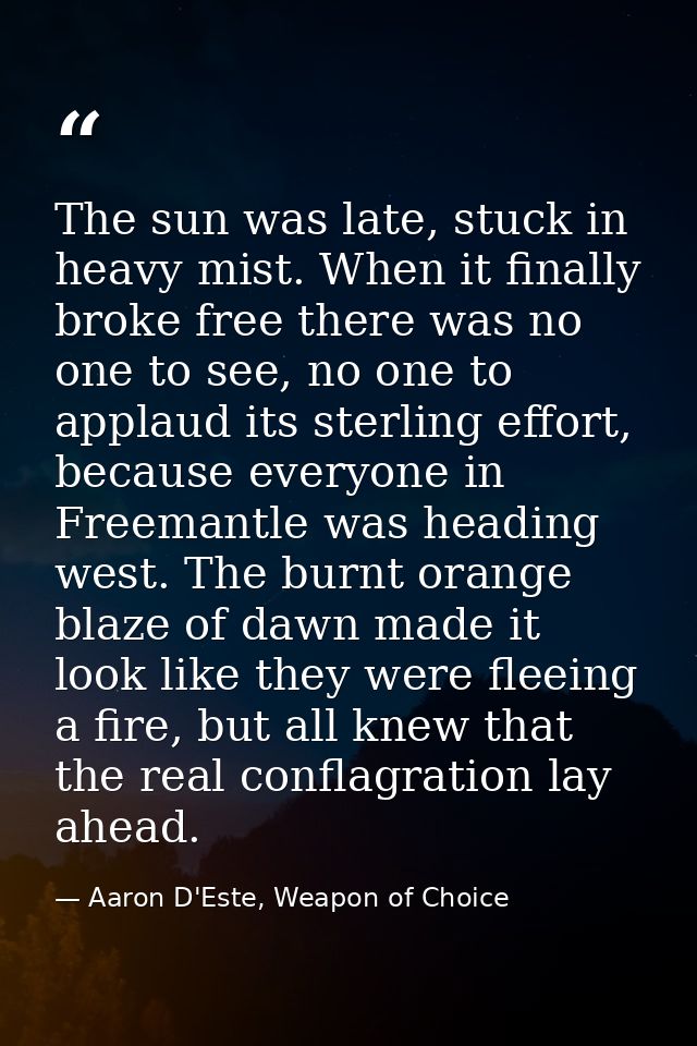 The sun was late, stuck in heavy mist. When it finally broke free there was no one to see, no one to applaud its sterlin — Aaron D'Este, Weapon of Choice