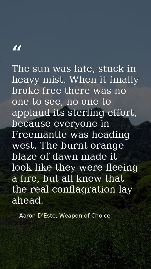 The sun was late, stuck in heavy mist. When it finally broke free there was no one to see, no one to applaud its sterlin — Aaron D'Este, Weapon of Choice