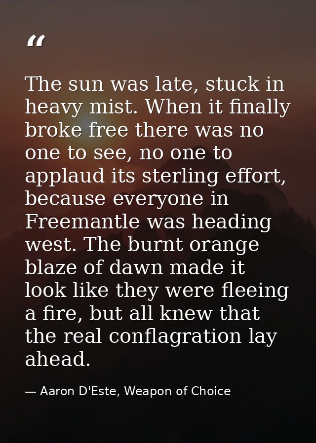 The sun was late, stuck in heavy mist. When it finally broke free there was no one to see, no one to applaud its sterlin — Aaron D'Este, Weapon of Choice