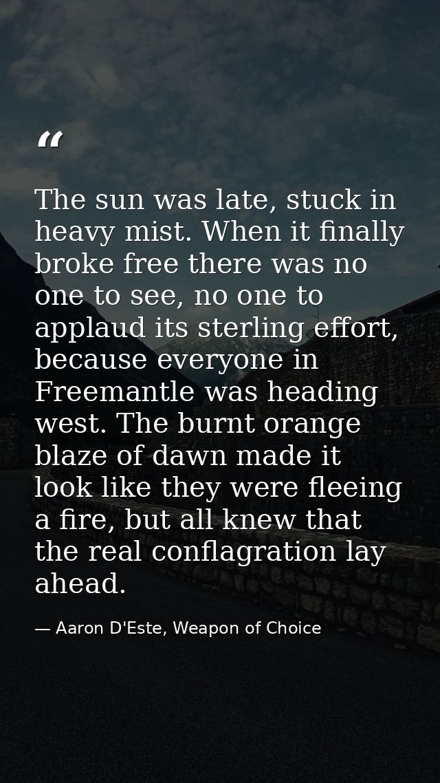 The sun was late, stuck in heavy mist. When it finally broke free there was no one to see, no one to applaud its sterlin — Aaron D'Este, Weapon of Choice