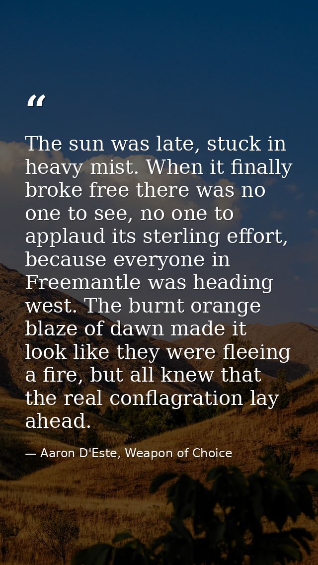 The sun was late, stuck in heavy mist. When it finally broke free there was no one to see, no one to applaud its sterlin — Aaron D'Este, Weapon of Choice