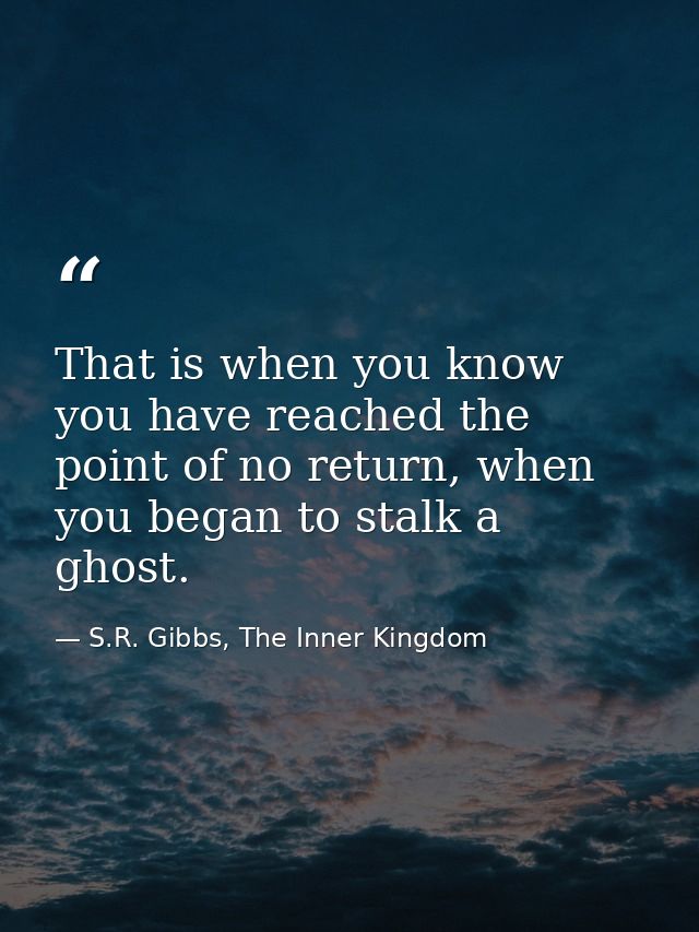 That is when you know you have reached the point of no return, when you began to stalk a ghost. — S.R. Gibbs, The Inner Kingdom