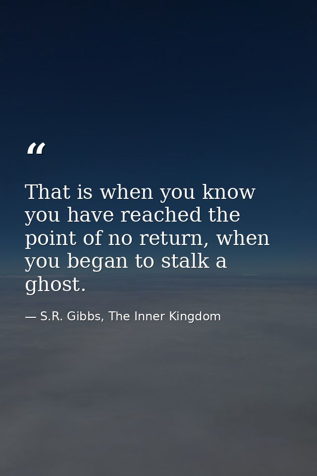 That is when you know you have reached the point of no return, when you began to stalk a ghost. — S.R. Gibbs, The Inner Kingdom