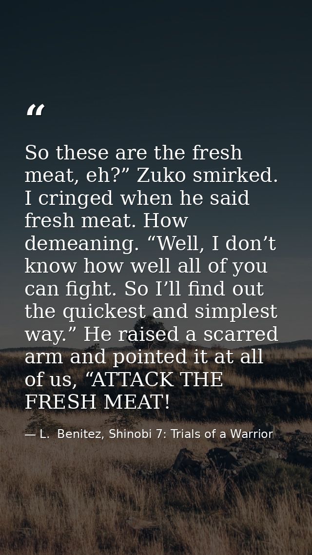 So these are the fresh meat, eh?” Zuko smirked. I cringed when he said fresh meat. How demeaning. “Well, I don’t know ho — L.  Benitez, Shinobi 7: Trials of a Warrior