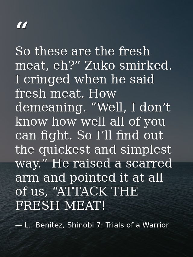 So these are the fresh meat, eh?” Zuko smirked. I cringed when he said fresh meat. How demeaning. “Well, I don’t know ho — L.  Benitez, Shinobi 7: Trials of a Warrior