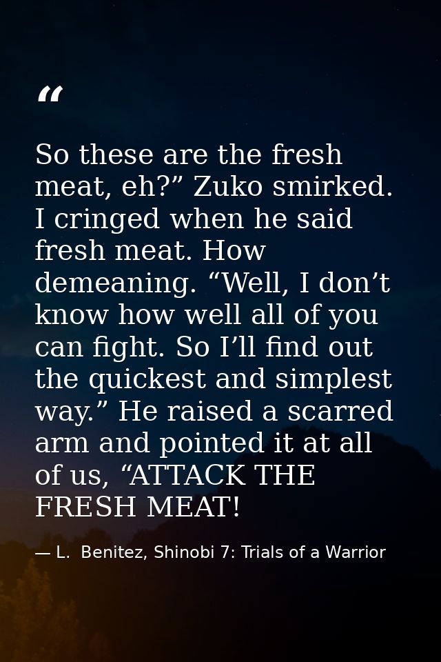 So these are the fresh meat, eh?” Zuko smirked. I cringed when he said fresh meat. How demeaning. “Well, I don’t know ho — L.  Benitez, Shinobi 7: Trials of a Warrior