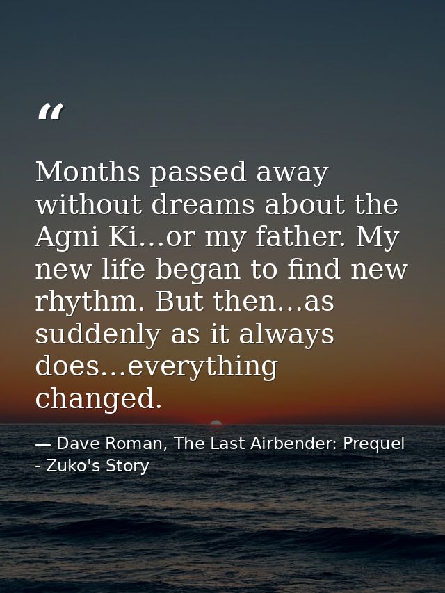 Months passed away without dreams about the Agni Ki…or my father. My new life began to find new rhythm. But then…as sudd — Dave Roman, The Last Airbender: Prequel - Zuko's Story