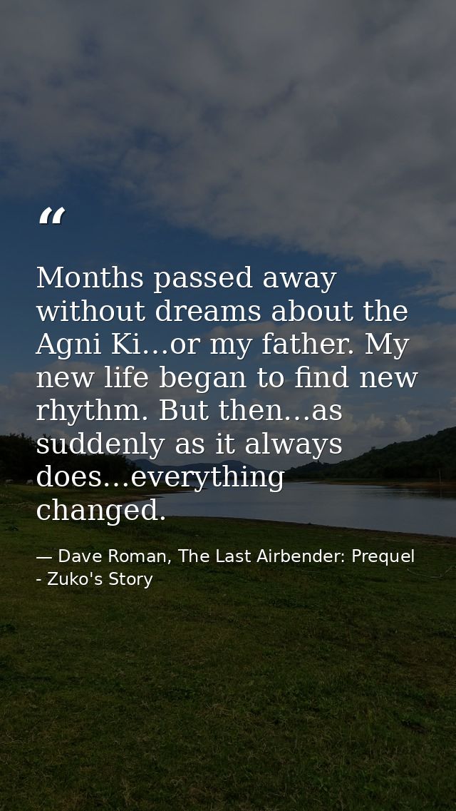 Months passed away without dreams about the Agni Ki…or my father. My new life began to find new rhythm. But then…as sudd — Dave Roman, The Last Airbender: Prequel - Zuko's Story