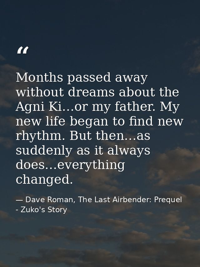 Months passed away without dreams about the Agni Ki…or my father. My new life began to find new rhythm. But then…as sudd — Dave Roman, The Last Airbender: Prequel - Zuko's Story