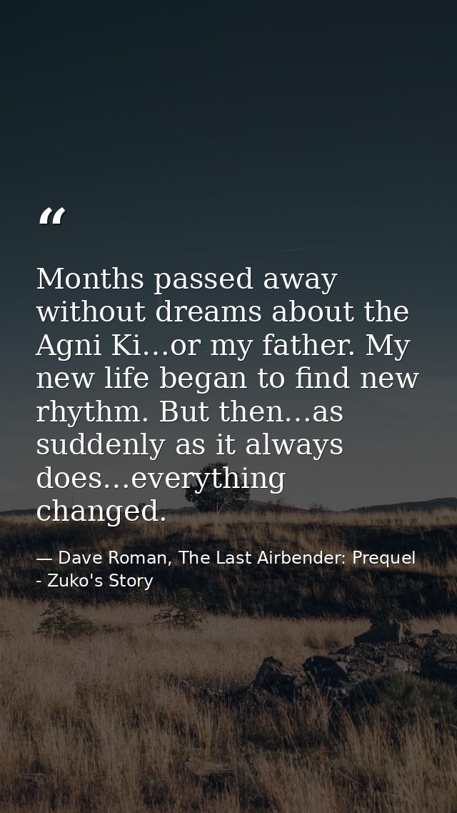 Months passed away without dreams about the Agni Ki…or my father. My new life began to find new rhythm. But then…as sudd — Dave Roman, The Last Airbender: Prequel - Zuko's Story