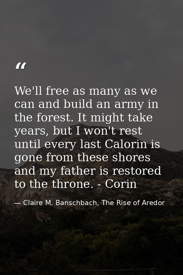 We'll free as many as we can and build an army in the forest. It might take years, but I won't rest until every last Cal — Claire M. Banschbach, The Rise of Aredor