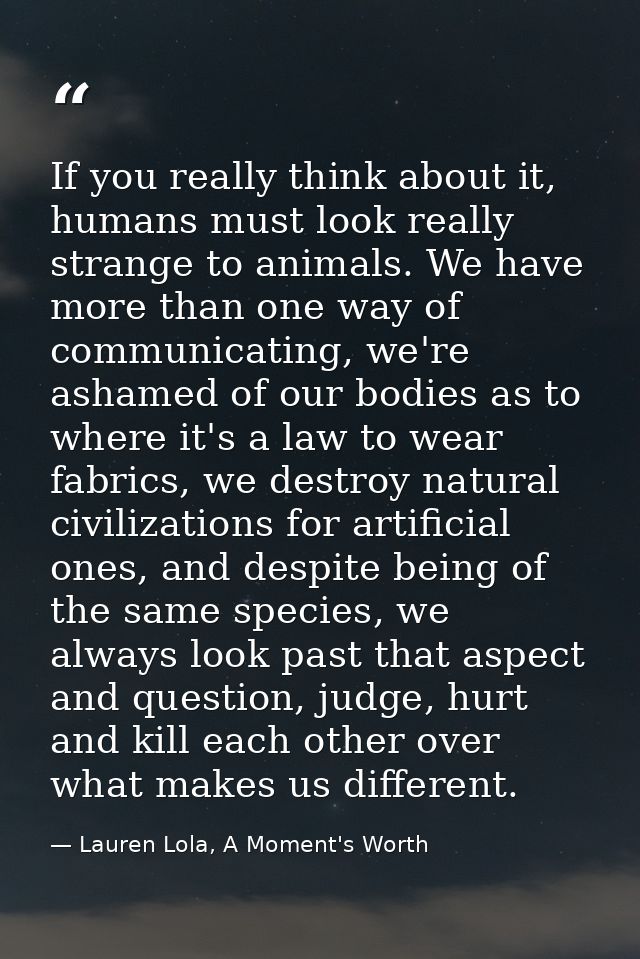 If you really think about it, humans must look really strange to animals. We have more than one way of communicating, we — Lauren Lola, A Moment's Worth