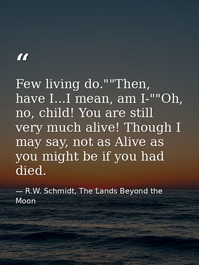 Few living do.""Then, have I...I mean, am I-""Oh, no, child! You are still very much alive! Though I may say, not as Ali — R.W. Schmidt, The Lands Beyond the Moon
