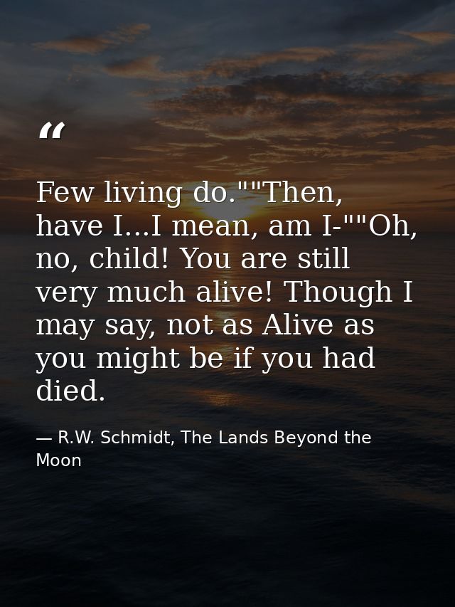 Few living do.""Then, have I...I mean, am I-""Oh, no, child! You are still very much alive! Though I may say, not as Ali — R.W. Schmidt, The Lands Beyond the Moon