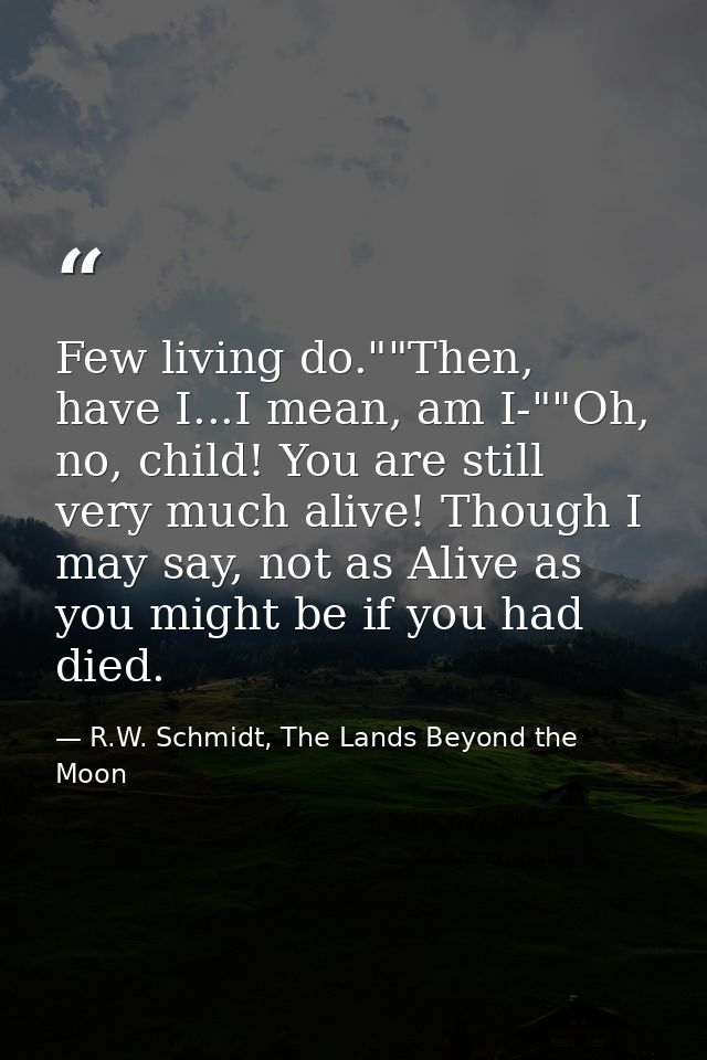 Few living do.""Then, have I...I mean, am I-""Oh, no, child! You are still very much alive! Though I may say, not as Ali — R.W. Schmidt, The Lands Beyond the Moon