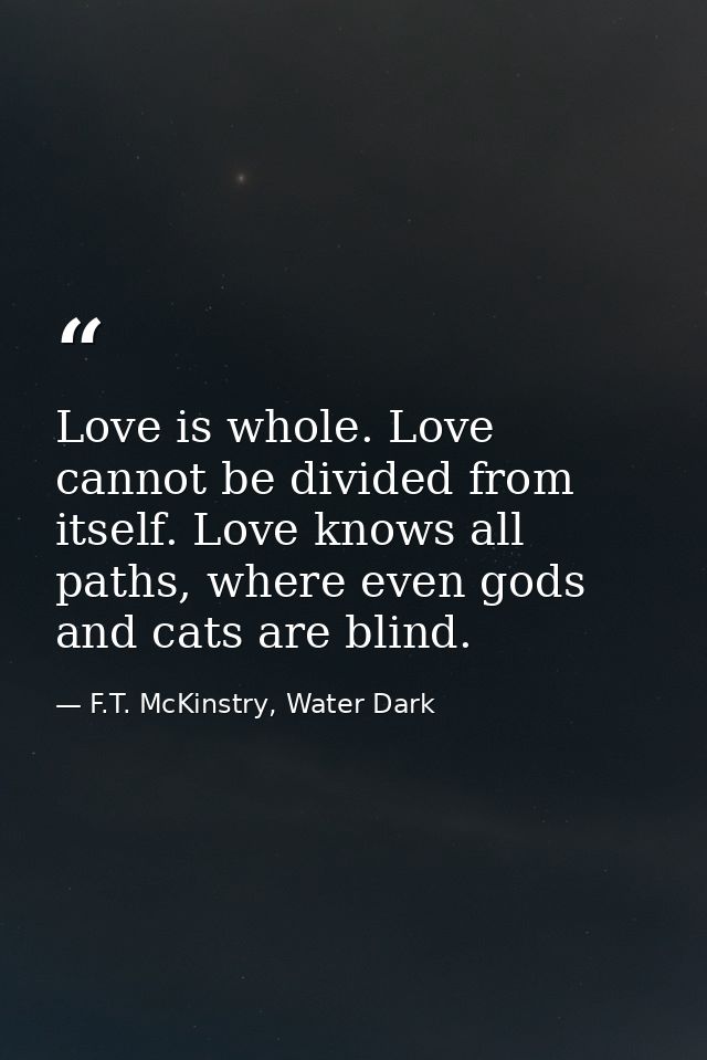 Love is whole. Love cannot be divided from itself. Love knows all paths, where even gods and cats are blind. — F.T. McKinstry, Water Dark