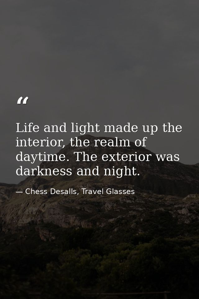 Life and light made up the interior, the realm of daytime. The exterior was darkness and night. — Chess Desalls, Travel Glasses