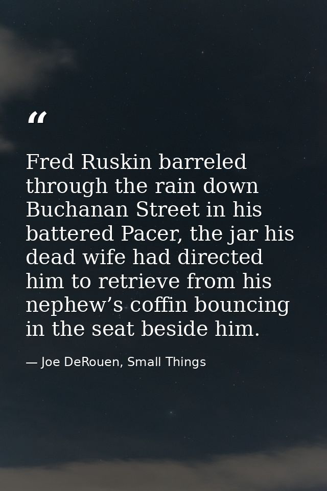 Fred Ruskin barreled through the rain down Buchanan Street in his battered Pacer, the jar his dead wife had directed him — Joe DeRouen, Small Things