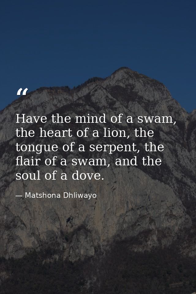 Have the mind of a swam, the heart of a lion, the tongue of a serpent, the flair of a swam, and the soul of a dove. — Matshona Dhliwayo