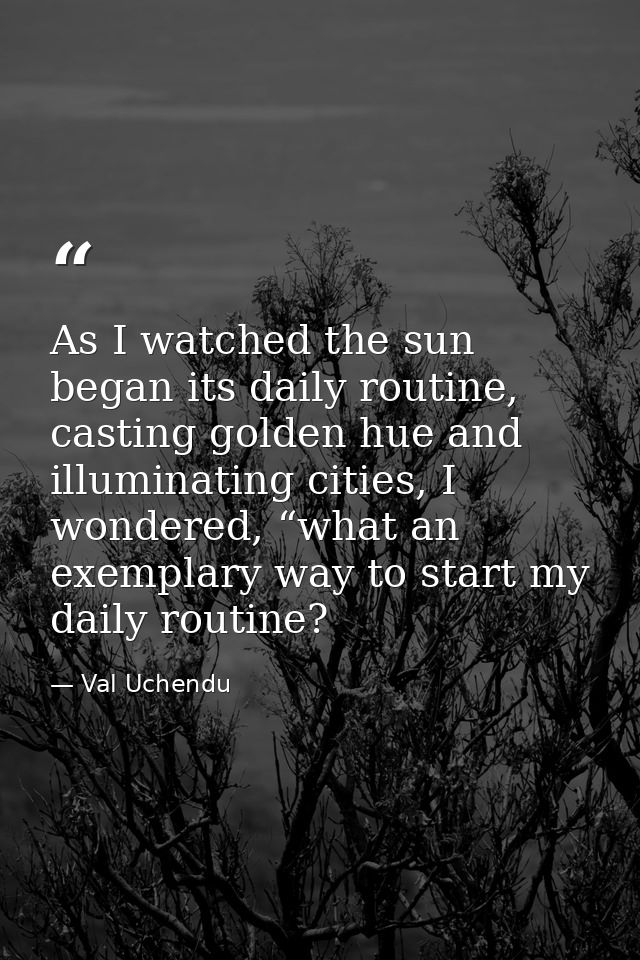 As I watched the sun began its daily routine, casting golden hue and illuminating cities, I wondered, “what an exemplary — Val Uchendu