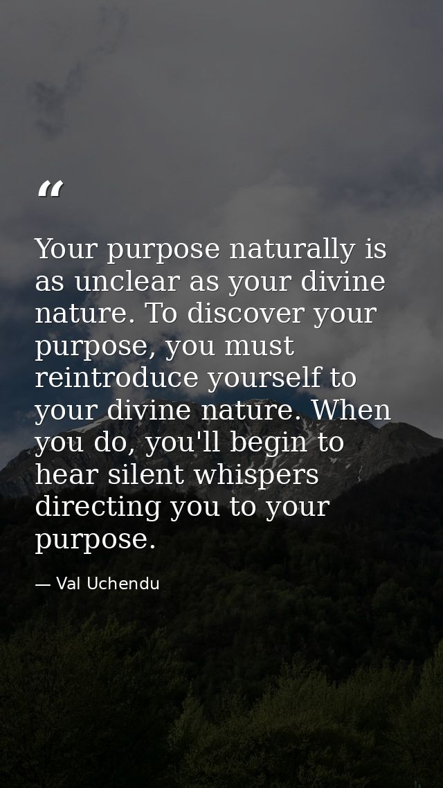 Your purpose naturally is as unclear as your divine nature. To discover your purpose, you must reintroduce yourself to y — Val Uchendu