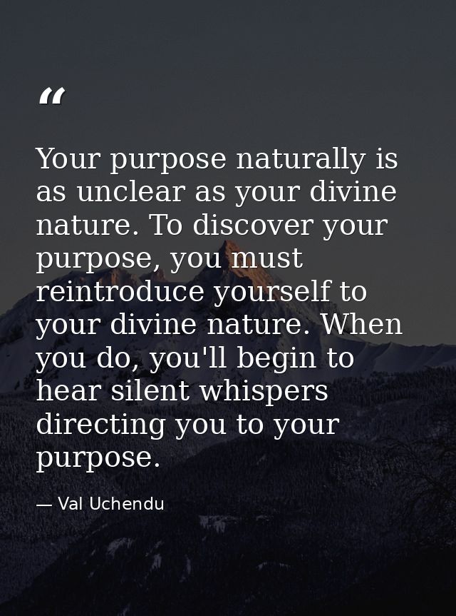 Your purpose naturally is as unclear as your divine nature. To discover your purpose, you must reintroduce yourself to y — Val Uchendu