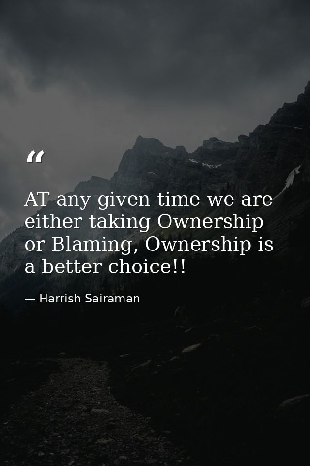 AT any given time we are either taking Ownership or Blaming, Ownership is a better choice!! — Harrish Sairaman