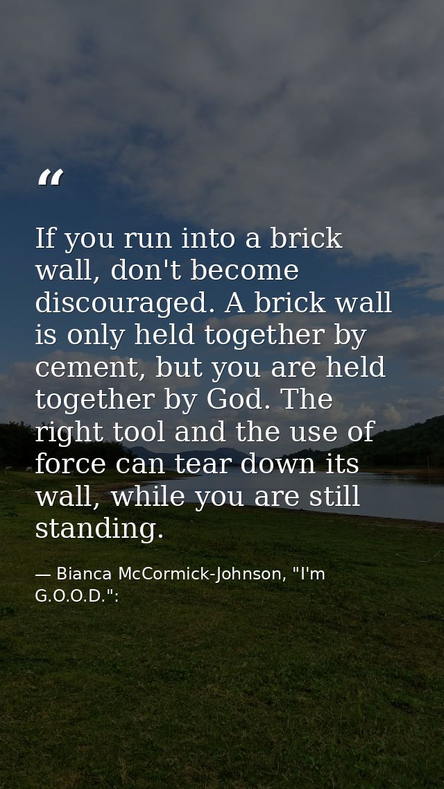 If you run into a brick wall, don't become discouraged. A brick wall is only held together by cement, but you are held t — Bianca McCormick-Johnson, "I'm G.O.O.D.":