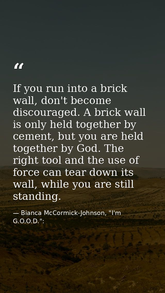 If you run into a brick wall, don't become discouraged. A brick wall is only held together by cement, but you are held t — Bianca McCormick-Johnson, "I'm G.O.O.D.":