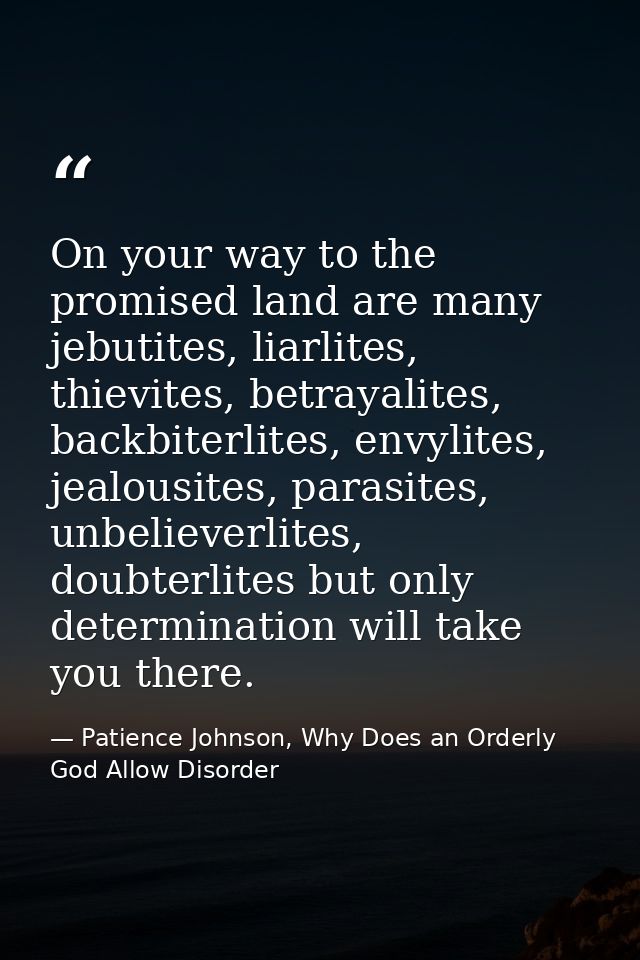 On your way to the promised land are many jebutites, liarlites, thievites, betrayalites, backbiterlites, envylites, jeal — Patience Johnson, Why Does an Orderly God Allow Disorder