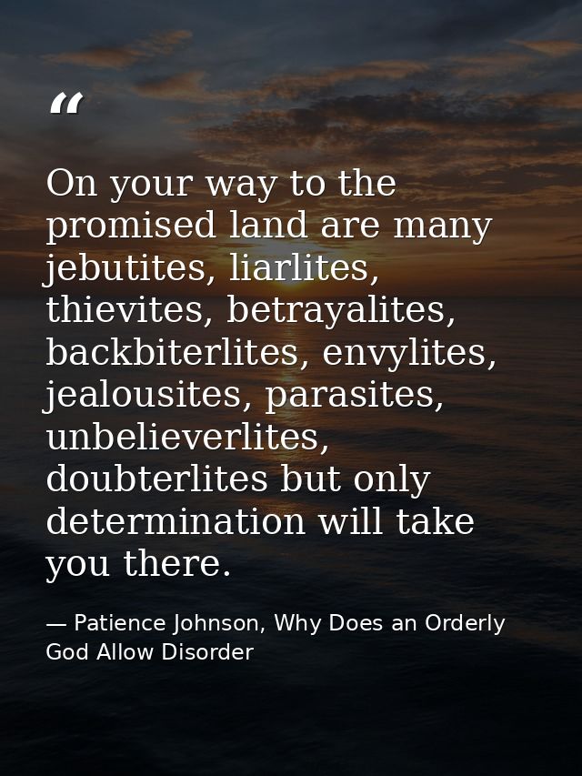 On your way to the promised land are many jebutites, liarlites, thievites, betrayalites, backbiterlites, envylites, jeal — Patience Johnson, Why Does an Orderly God Allow Disorder