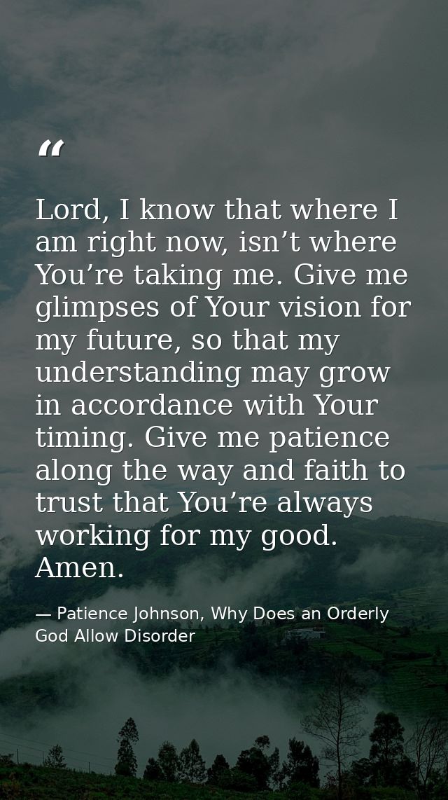 Lord, I know that where I am right now, isn’t where You’re taking me. Give me glimpses of Your vision for my future, so  — Patience Johnson, Why Does an Orderly God Allow Disorder