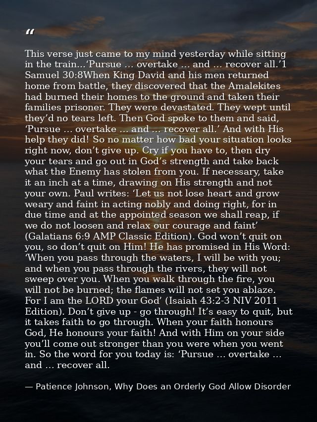 This verse just came to my mind yesterday while sitting in the train...‘Pursue … overtake … and … recover all.’1 Samuel  — Patience Johnson, Why Does an Orderly God Allow Disorder