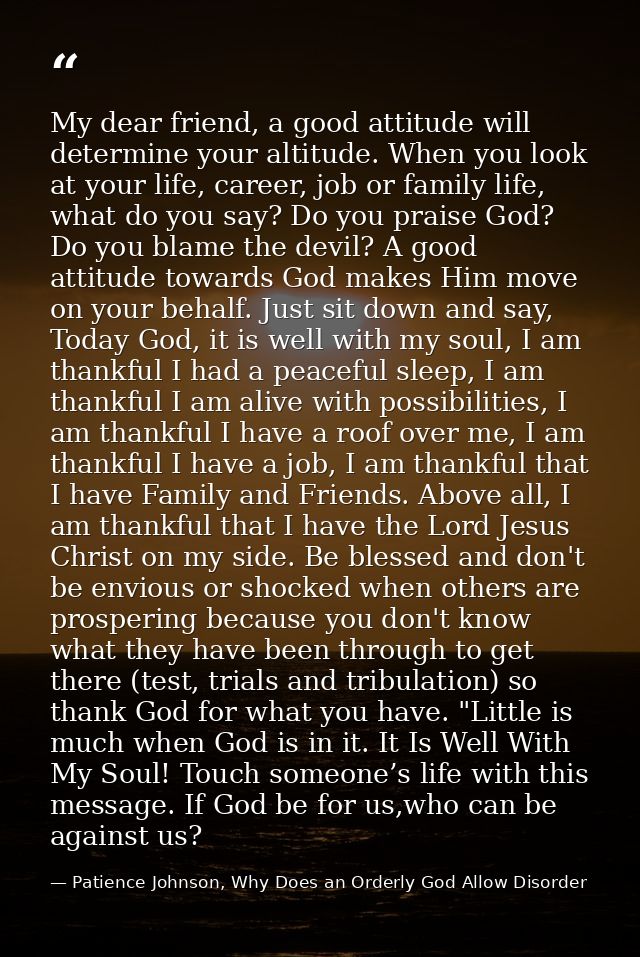 My dear friend, a good attitude will determine your altitude. When you look at your life, career, job or family life, wh — Patience Johnson, Why Does an Orderly God Allow Disorder