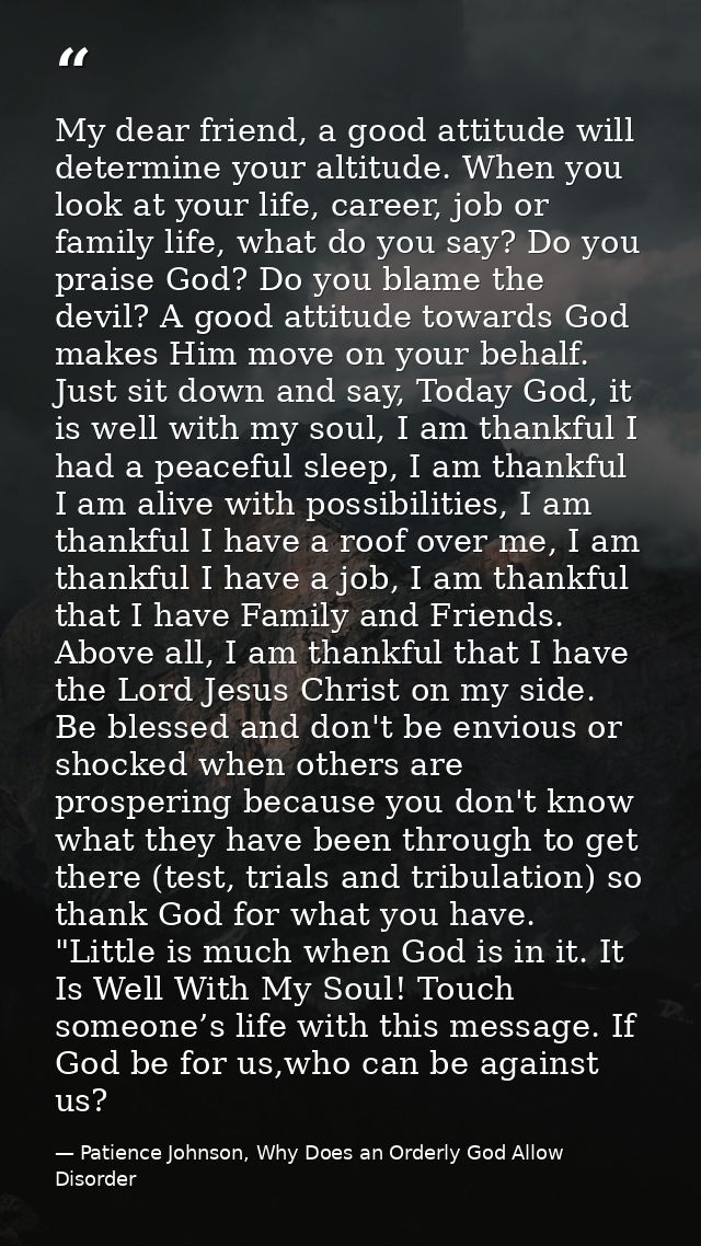 My dear friend, a good attitude will determine your altitude. When you look at your life, career, job or family life, wh — Patience Johnson, Why Does an Orderly God Allow Disorder