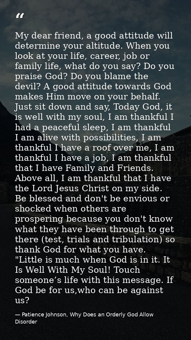 My dear friend, a good attitude will determine your altitude. When you look at your life, career, job or family life, wh — Patience Johnson, Why Does an Orderly God Allow Disorder