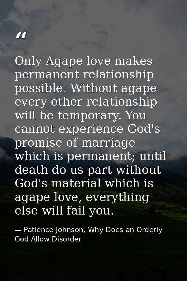 Only Agape love makes permanent relationship possible. Without agape every other relationship will be temporary. You can — Patience Johnson, Why Does an Orderly God Allow Disorder