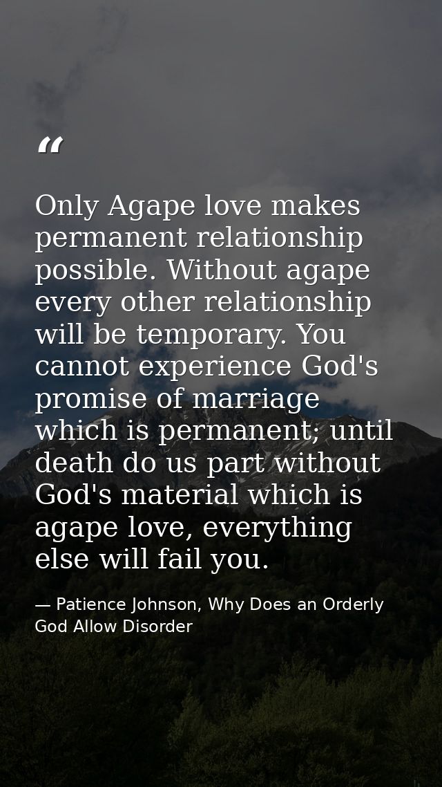 Only Agape love makes permanent relationship possible. Without agape every other relationship will be temporary. You can — Patience Johnson, Why Does an Orderly God Allow Disorder