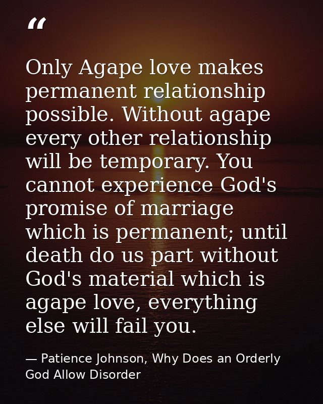 Only Agape love makes permanent relationship possible. Without agape every other relationship will be temporary. You can — Patience Johnson, Why Does an Orderly God Allow Disorder