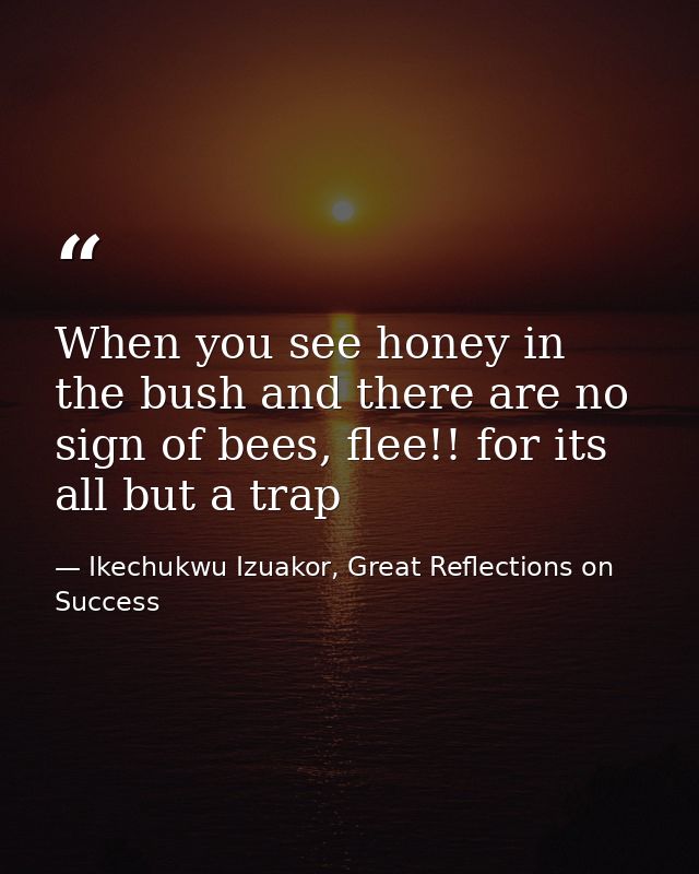 When you see honey in the bush and there are no sign of bees, flee!! for its all but a trap — Ikechukwu Izuakor, Great Reflections on Success