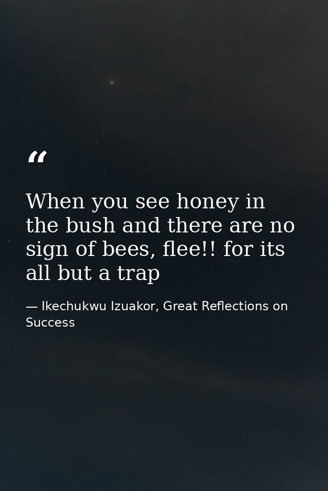 When you see honey in the bush and there are no sign of bees, flee!! for its all but a trap — Ikechukwu Izuakor, Great Reflections on Success