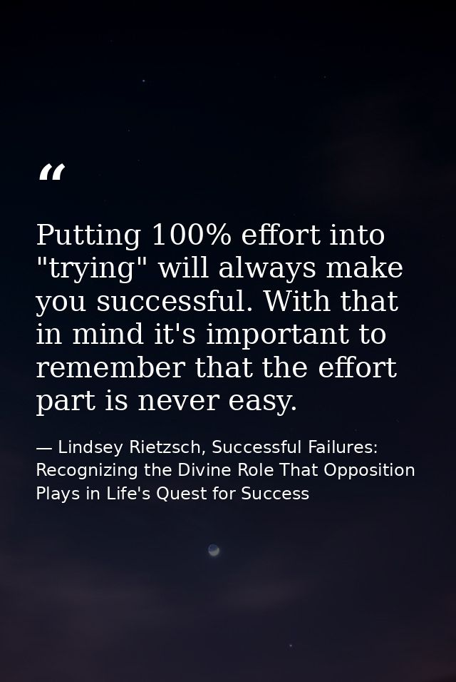 Putting 100% effort into "trying" will always make you successful. With that in mind it's important to remember that the — Lindsey Rietzsch, Successful Failures: Recognizing the Divine Role That Opposition Plays in Life's Quest for Success