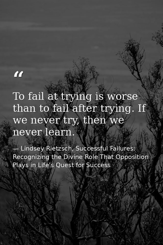 To fail at trying is worse than to fail after trying. If we never try, then we never learn. — Lindsey Rietzsch, Successful Failures: Recognizing the Divine Role That Opposition Plays in Life's Quest for Success