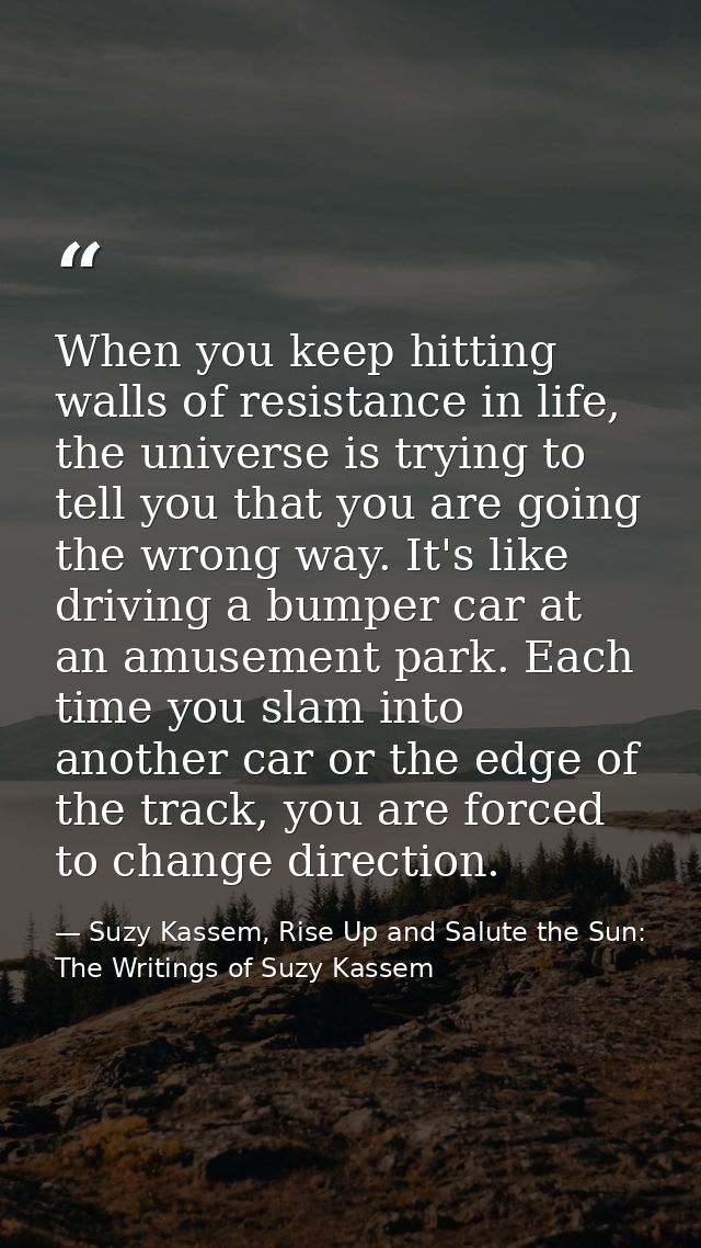 When you keep hitting walls of resistance in life, the universe is trying to tell you that you are going the wrong way.  — Suzy Kassem, Rise Up and Salute the Sun: The Writings of Suzy Kassem