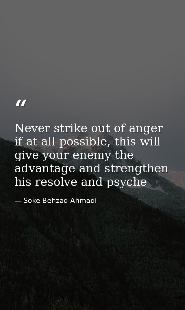 Never strike out of anger if at all possible, this will give your enemy the advantage and strengthen his resolve and psy — Soke Behzad Ahmadi